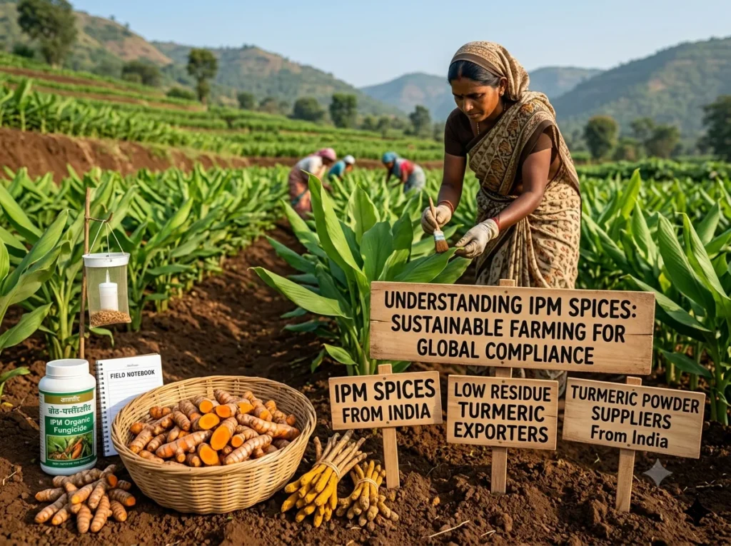 IPM turmeric farming in India showing low residue harvest and quality compliance for global exporters.